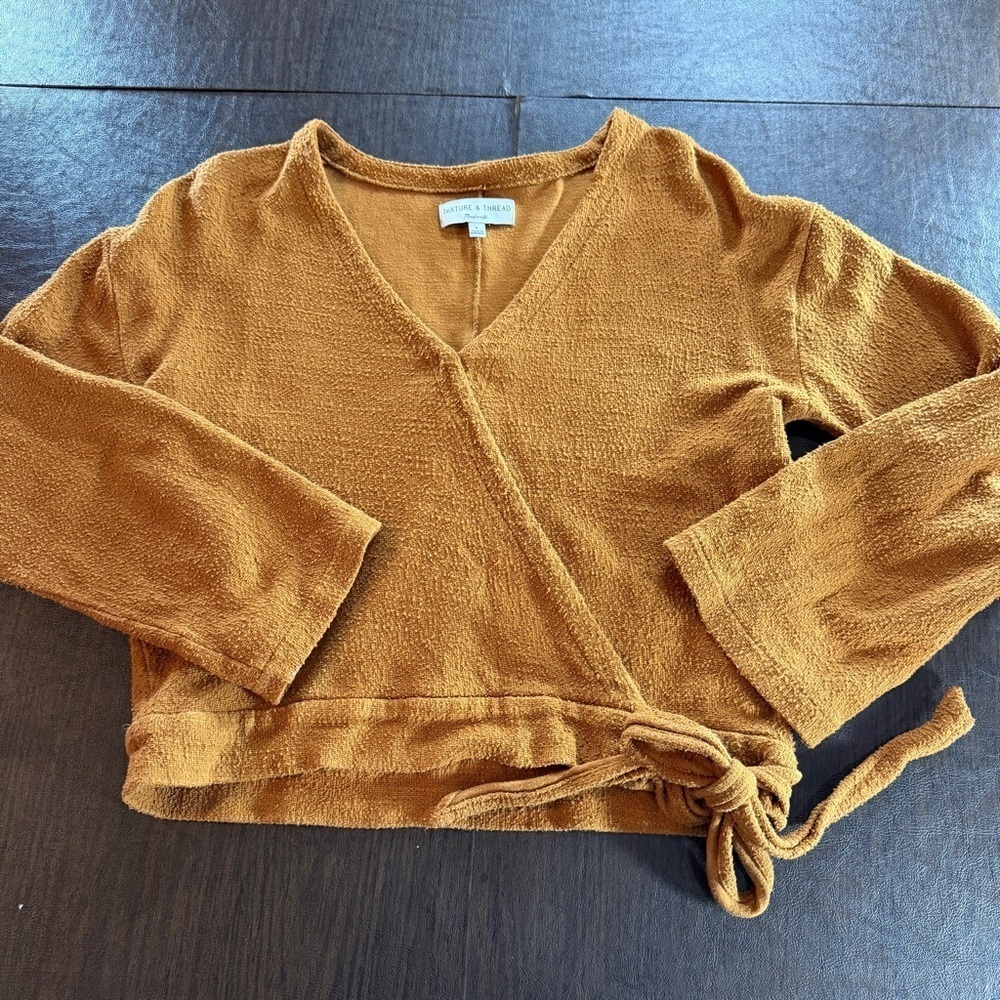 Texture and Thread Madewell Mustard Brown Textured Wrap Long Sleeve Sweater Sz S